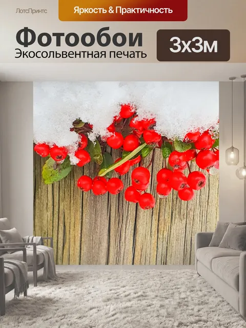 Фотообои красные ягоды, покрытые снегом