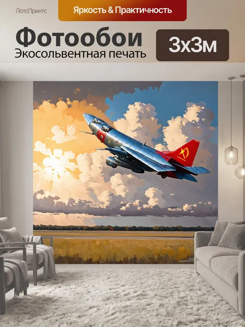 Фотообои исторический советский самолет, взлетающий со старого аэродрома в россии, на фоне облаков и закатного неба