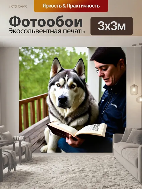 Фотообои хаски, сидящий рядом с хозяином, читающим книгу на уютной веранде, смягченные тона