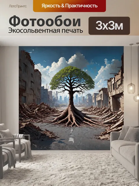 Фотообои дерево, ставшее символом выживания в постапокалиптическом мире, стоит среди руин города, его корни проросли…
