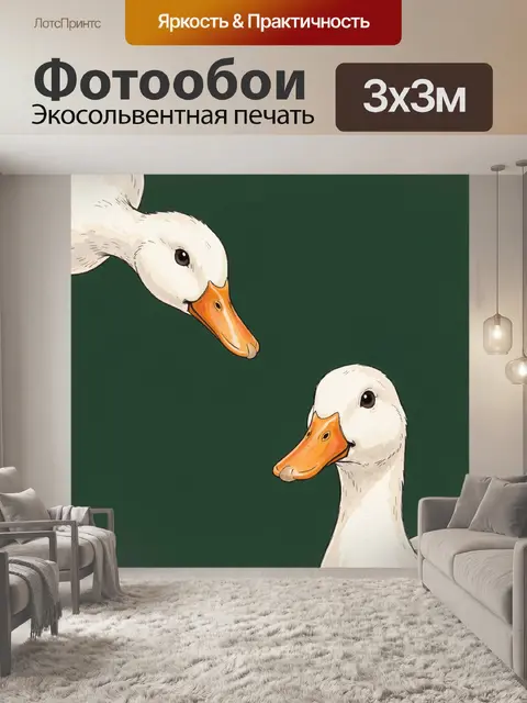 Фотообои Две белые утки на зеленом фоне