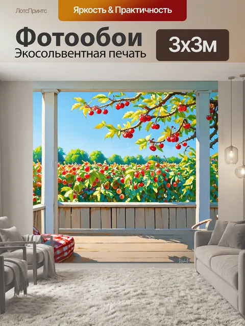 Фотообои веранда с видом на фруктовый сад