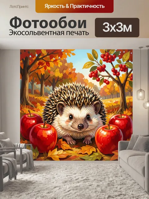 Фотообои Ёжик среди осенних яблок
