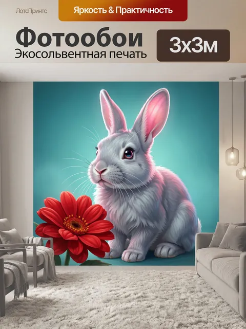 Фотообои Белый кролик с красным цветком