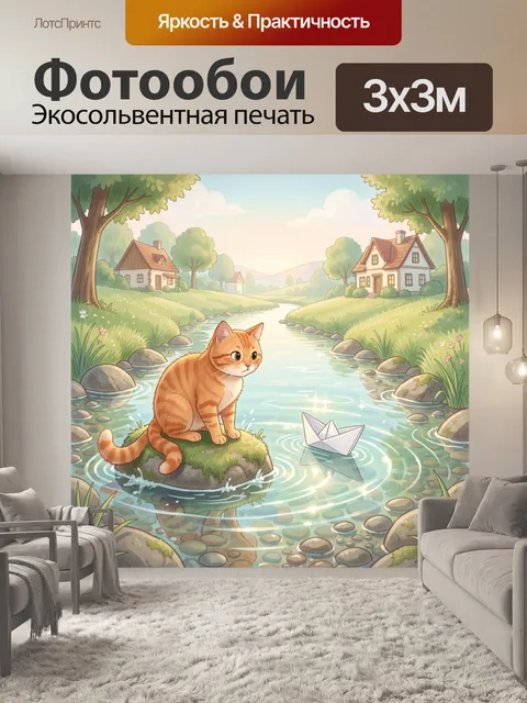 Фотообои Кот у лесной речки с лодочкой