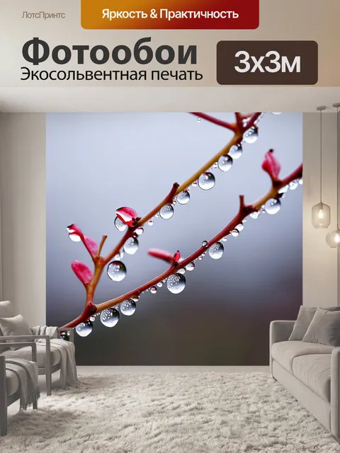 Фотообои микроскопический вид на ветки сакуры, покрытые каплями утренней росы, на фоне мягкого серого неба