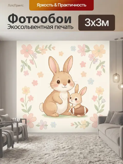 Фотообои Два кролика в цветочном орнаменте