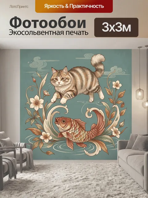 Фотообои Кот над карпом кои