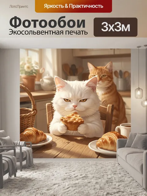 Фотообои Белый кот с пирогом за столом