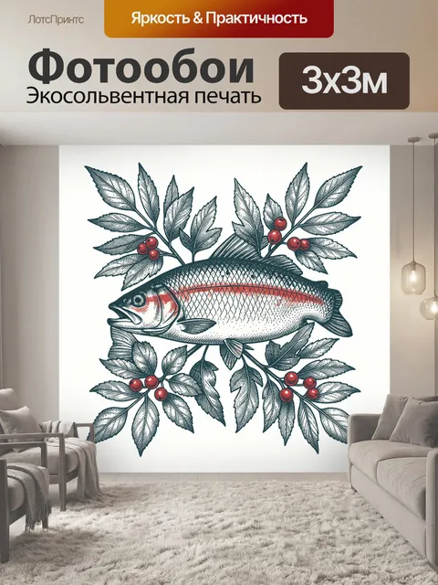 Фотообои Рыба с ягодами и листьями
