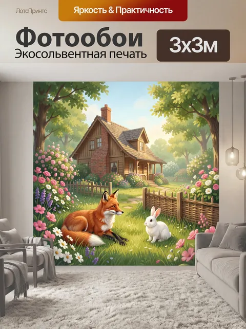 Фотообои Лиса и кролик у домика