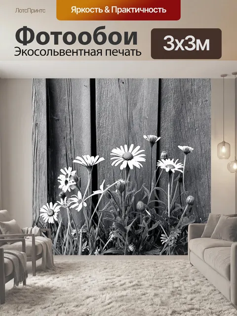 Фотообои стильная черно-белая фотография полевых цветов, включая ромашки, на фоне старой деревянной стены