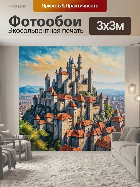 Фотообои город в стиле акриловые краски, старинный замок на фоне современного города