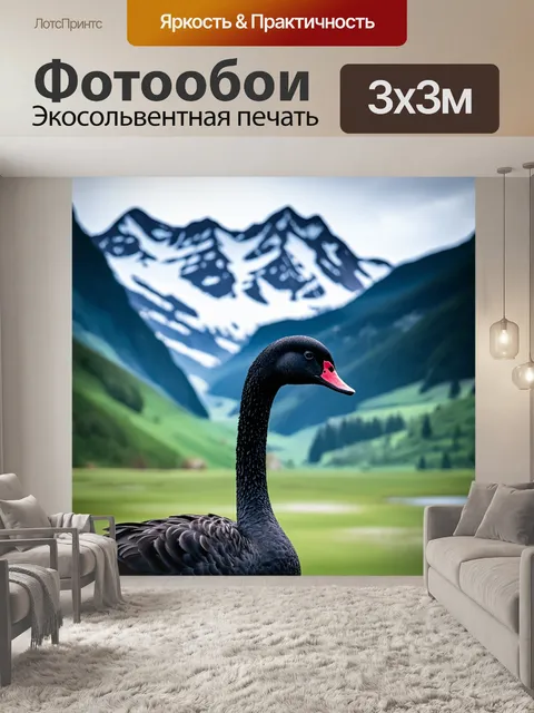 Фотообои черный лебедь на фоне великолепной альпийской природы с снежными вершинами и зелеными долинами