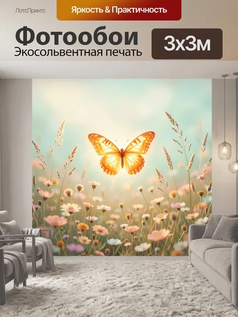 Фотообои Светящаяся бабочка над луговыми цветами