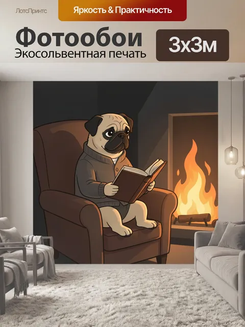 Фотообои Пёс с книгой у камина