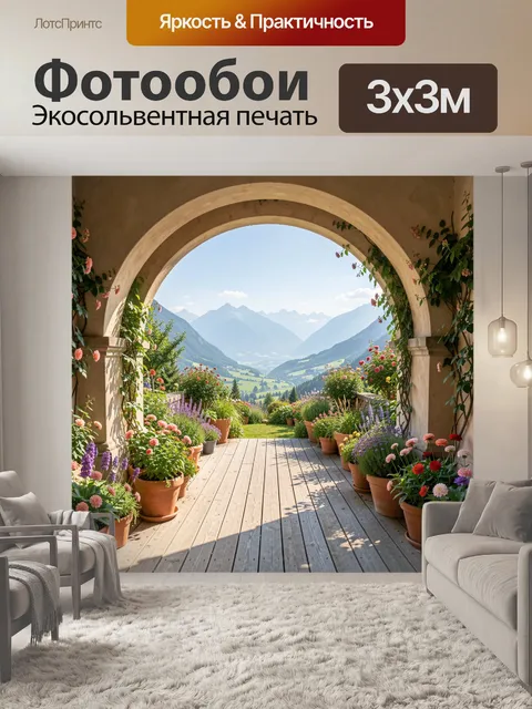 Фотообои Цветочный балкон у горного пейзажа