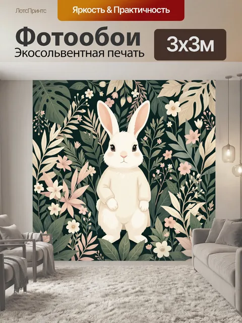 Фотообои Белый кролик среди цветов