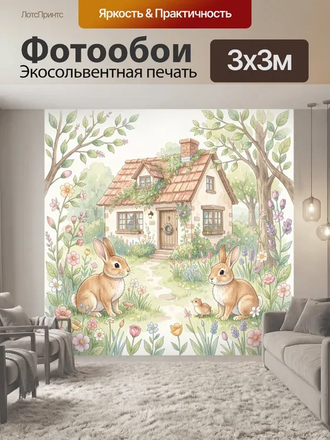 Фотообои Сказочный дом и зайцы в саду