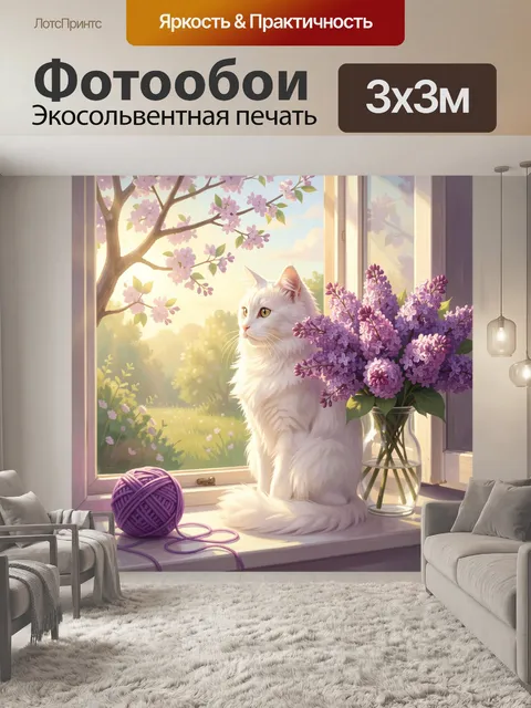 Фотообои Белый кот у окна с сиренью