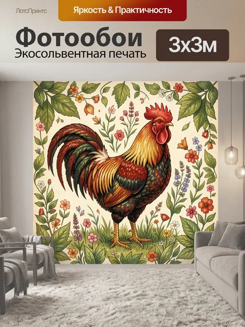 Фотообои Петух среди луговых цветов