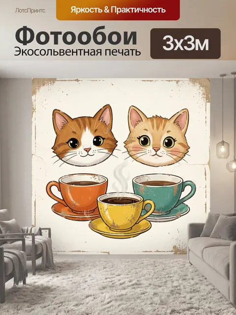 Фотообои Коты и чашки с кофе