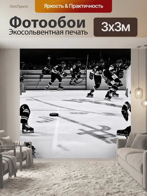 Фотообои на старинной хоккейной арене с деревянными трибунами шайба лежит на льду