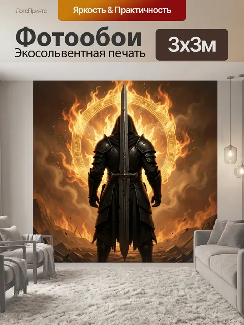 Фотообои Тёмный воин с мечом в огне