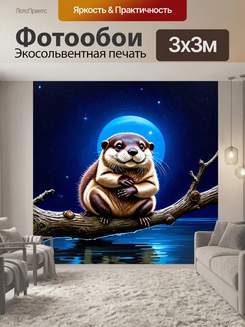 Фотообои выдра, уютно устроившаяся на березе, обнимающаяся с ветками в окружении ночной атмосферы, украшенной звездами