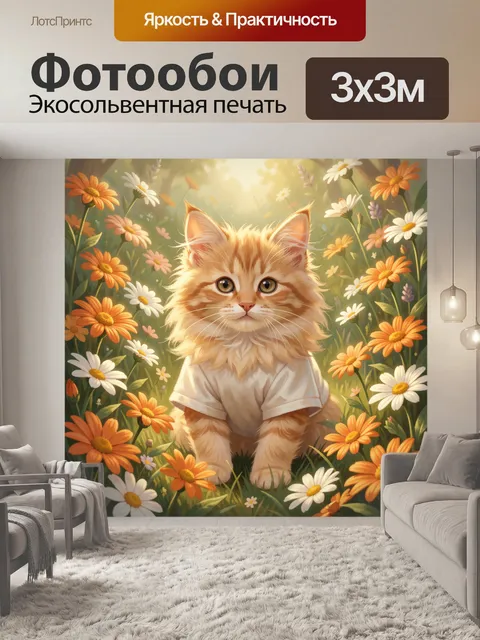 Фотообои Рыжий котёнок среди ромашек