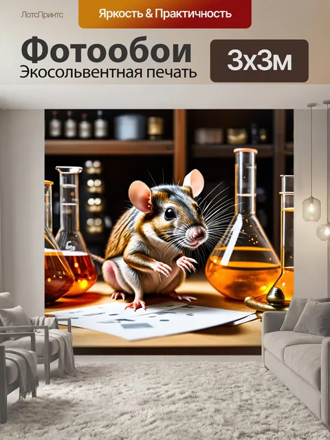 Фотообои любопытная крыса, создающая научный эксперимент в своей лаборатории, окруженная колбами и бумагами, придает…