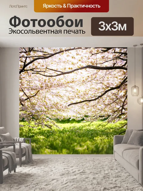 Фотообои светлый фон, залитый солнечными лучами, цветущие деревья вокруг