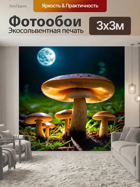 Фотообои грибы, освещенные лунным светом, создающие таинственную атмосферу