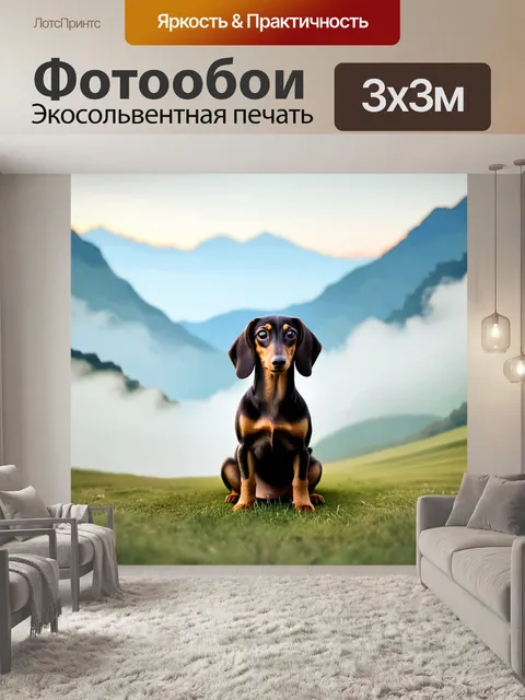 Фотообои создайте образ таксы, сидящей на фоне гор и утреннего тумана