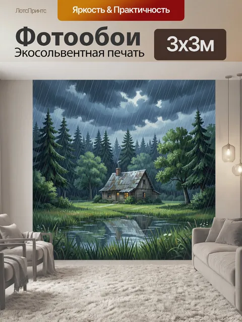 Фотообои Домик в лесу под дождём