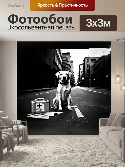 Фотообои белый кобель сидит рядом с аптечкой первой помощи