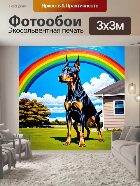 Фотообои доберман, защищающий дом, стоит на фоне яркой радуги и голубого неба после грозы