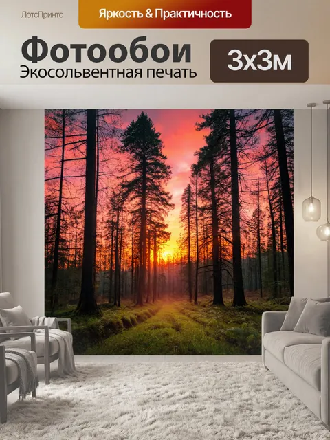 Фотообои лес с вечерним закатом, окрашивающим небо в розовые и оранжевые оттенки