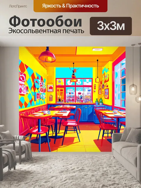 Фотообои сцена в кафе, оформленном в ярких поп-арт цветах и узорах