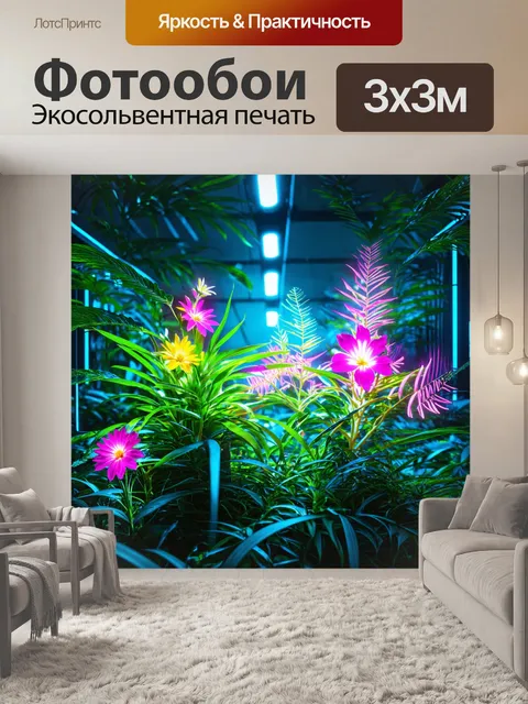Фотообои природа в стиле киберпанк с растениями, которые излучают электромагнитные волны и яркие цветы