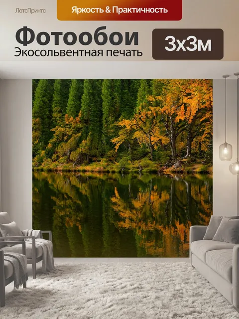 Фотообои лес с отражением деревьев в спокойной воде озера