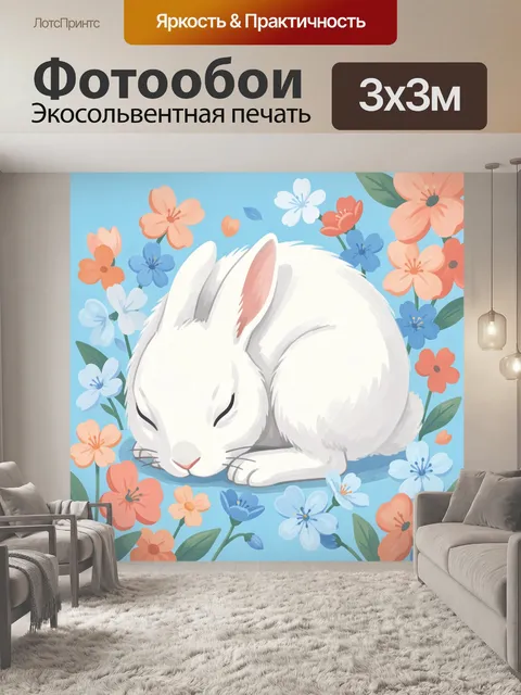 Фотообои Спящий белый кролик среди цветов