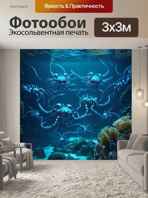 Фотообои море в стиле футуристический, с подводными существами, похожими на киборгов