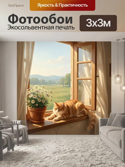 Фотообои Рыжий кот на окне с ромашками