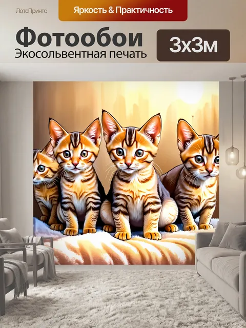 Фотообои изображение группы игривых абиссинских котят, расположенных на мягком пледе, в солнечном свете
