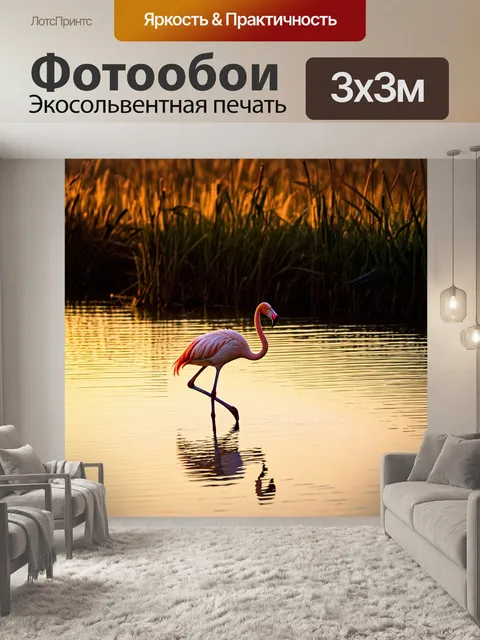 Фотообои одинокий фламинго, грациозно шагающий по берегу пруда посреди зарослей тростника