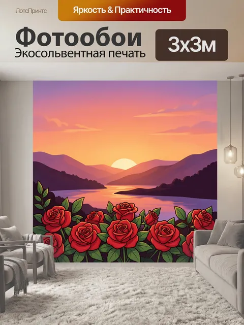 Фотообои Алые розы на фоне закатного пейзажа