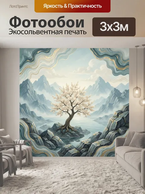 Фотообои Цветущее дерево среди гор