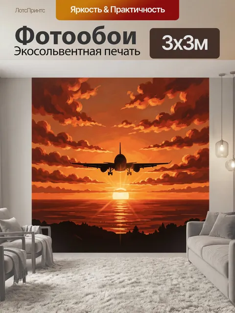 Фотообои Самолёт в лучах заката над водой