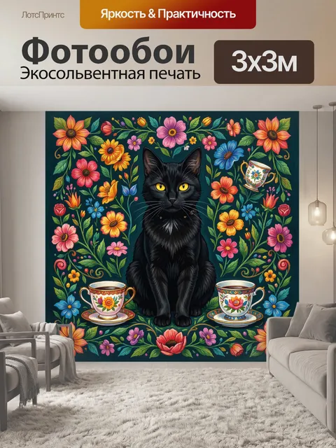 Фотообои Черный кот среди садовых цветов